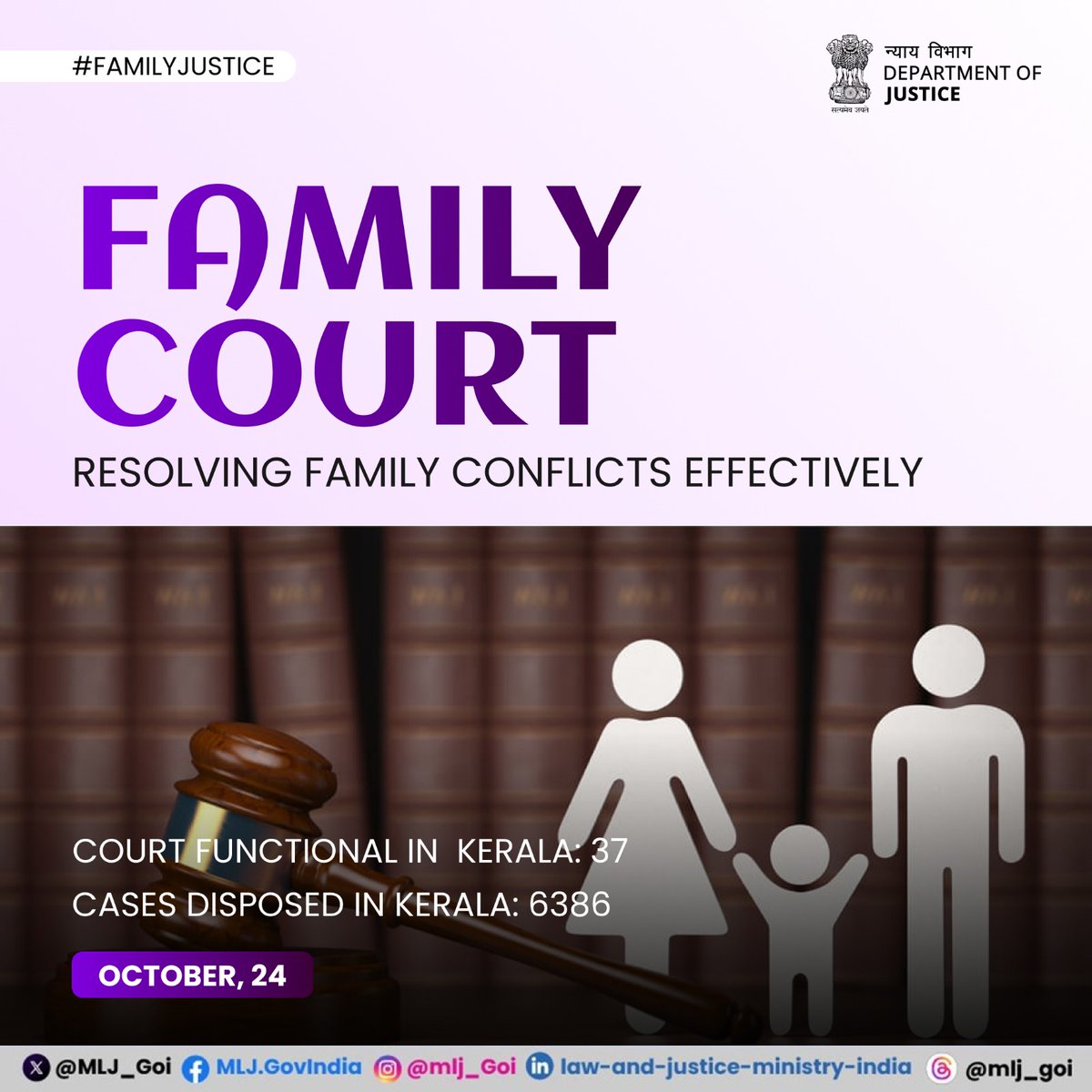 MLJ_GoI's tweet image. Family Courts are dedicated to resolving family-related issues such as marriage, child custody, and inheritance in an informal setting, with a strong emphasis on mediation. In Kerala, these courts have effectively managed many cases, ensuring swift resolutions. #DoJ #FamilyCourts