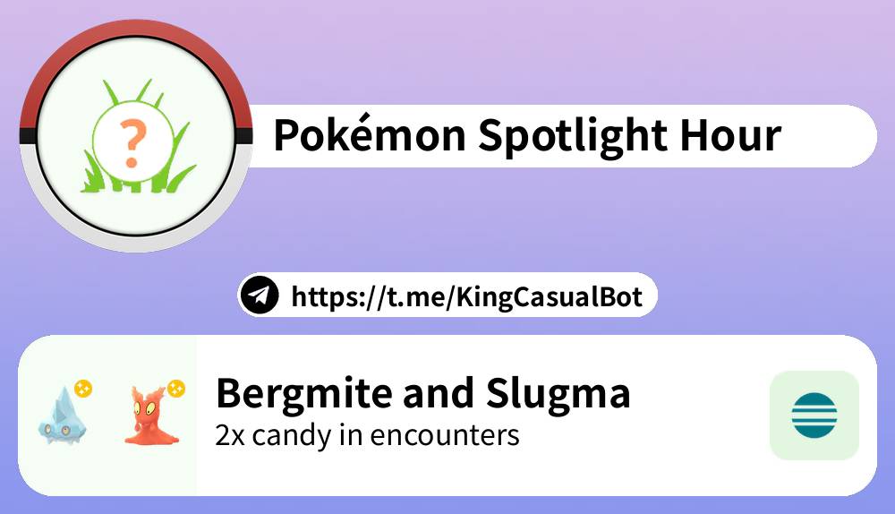 PoGOEventosPT's tweet photo. 🚨 Evento iniciado

🟠 Pokémon Spotlight Hour: Slugma and Bergmite (Shiny Slugma and Bergmite; 2x candy in encounters)
- Termina hoje às 19:00

Telegram: https://t.co/6tXL8gPEpJ

#PokemonGO #Evento https://t.co/bB01ciElUU