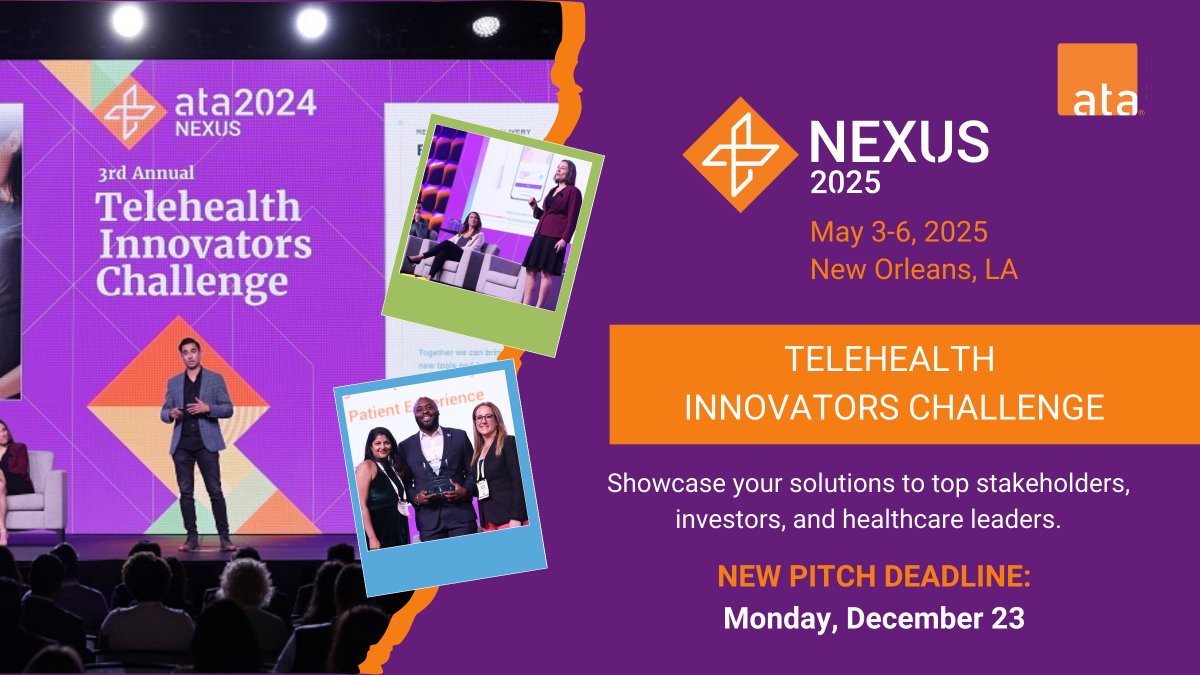 #ATANexus 2025 Update! 

1. Innovators Challenge Submission Deadline: Dec. 23, 2024 🏆
2. Registration for Nexus is Open. Savings Deadline: Feb. 1, 2025 

Nexus 2025 is where the future of healthcare is being built.

hubs.ly/Q02_Wzck0