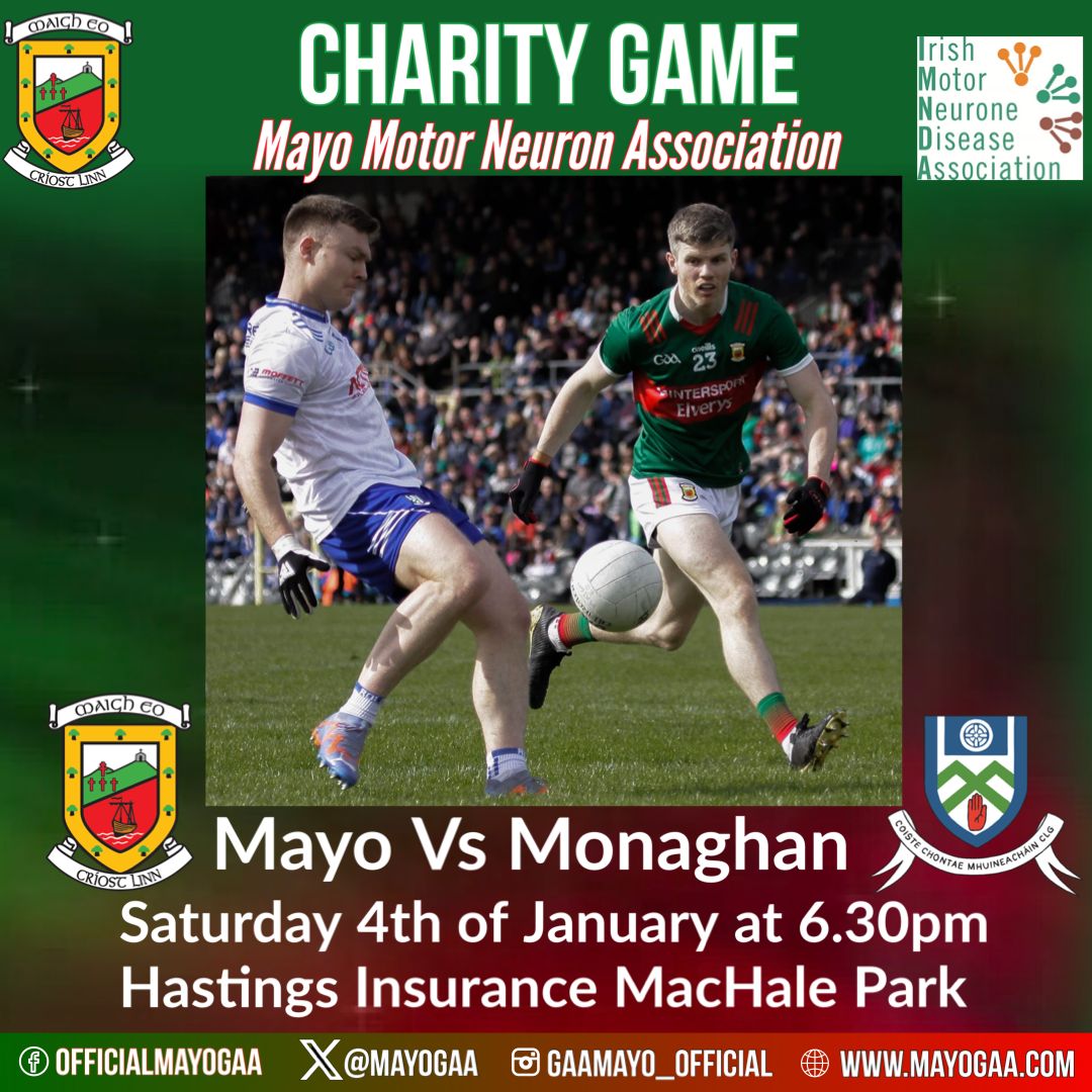 Save the Date...Saturday, January 4th 2025.

We will host Monaghan GAA  in a Senior Football Chairty match, in preparation for the Allianz Football League Campaign.

Support our charity partner Irish Motor Neurone Disease Association 

Cost €10
OAP/Student €8
U16's €2