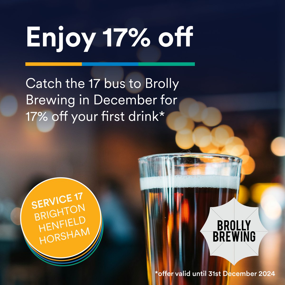 Stagecoach South (@stagecoachsouth) on Twitter photo Get 17% off with service 17! 🎉
<a href="/BrollyBrewing/">Brolly Brewing</a> are offering customers 17% off their first drink when travelling by bus. Offer valid in December only - make the most of your late night buses in #Horsham 🌙🚌
Find out more on how to redeem here> stge.co/4gfuuJq
#Brighton Get 17% off with service 17! 🎉
<a href="/BrollyBrewing/">Brolly Brewing</a> are offering customers 17% off their first drink when travelling by bus. Offer valid in December only - make the most of your late night buses in #Horsham 🌙🚌
Find out more on how to redeem here> stge.co/4gfuuJq
#Brighton
