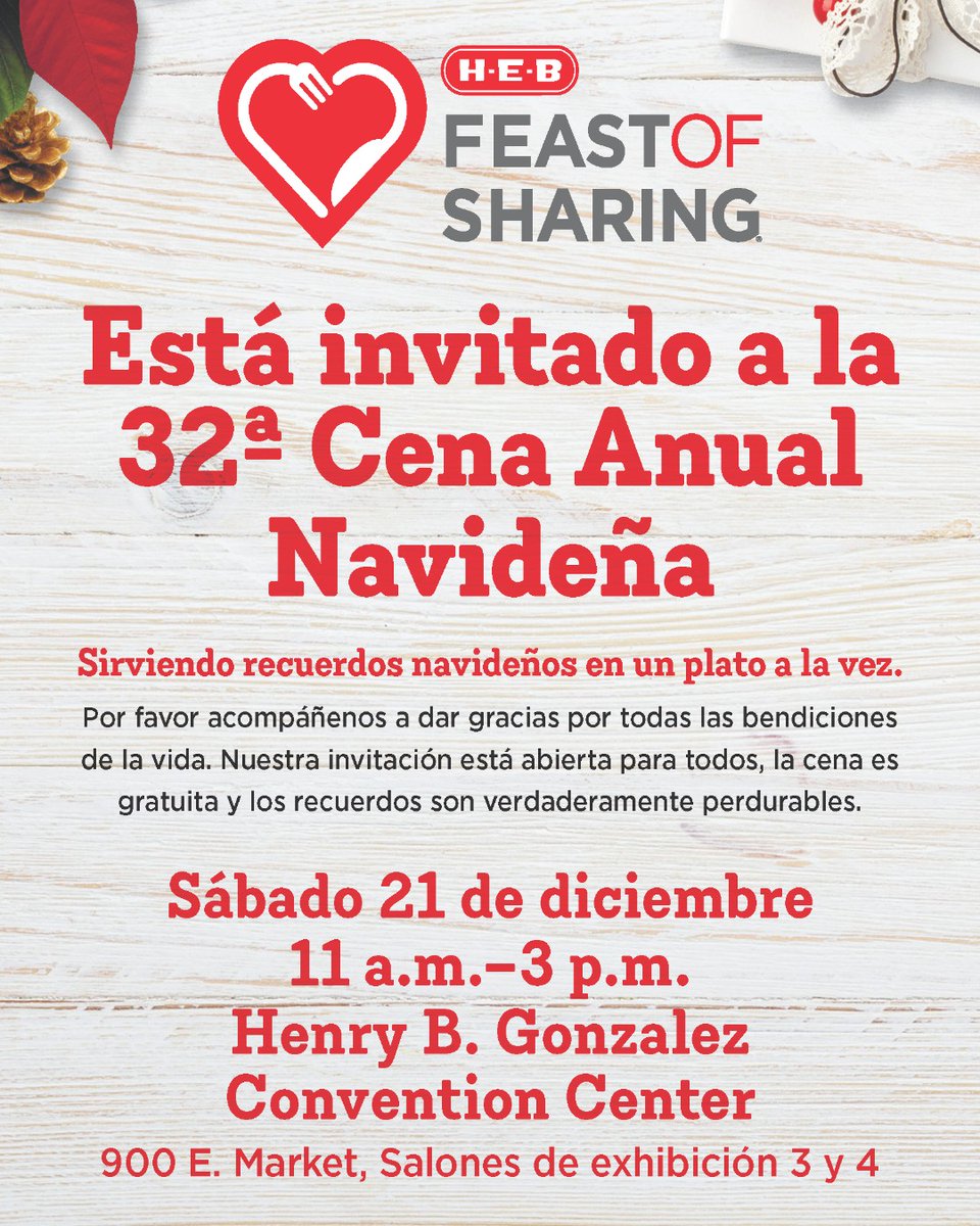 H-E-B is hosting the HEB Feast of Sharing, a festive gathering that is filled with FREE food, music, and good cheer. 🙌🏼 It is open to the public and brings family, friends, and neighbors together. ♥️

More Details on the flyer!