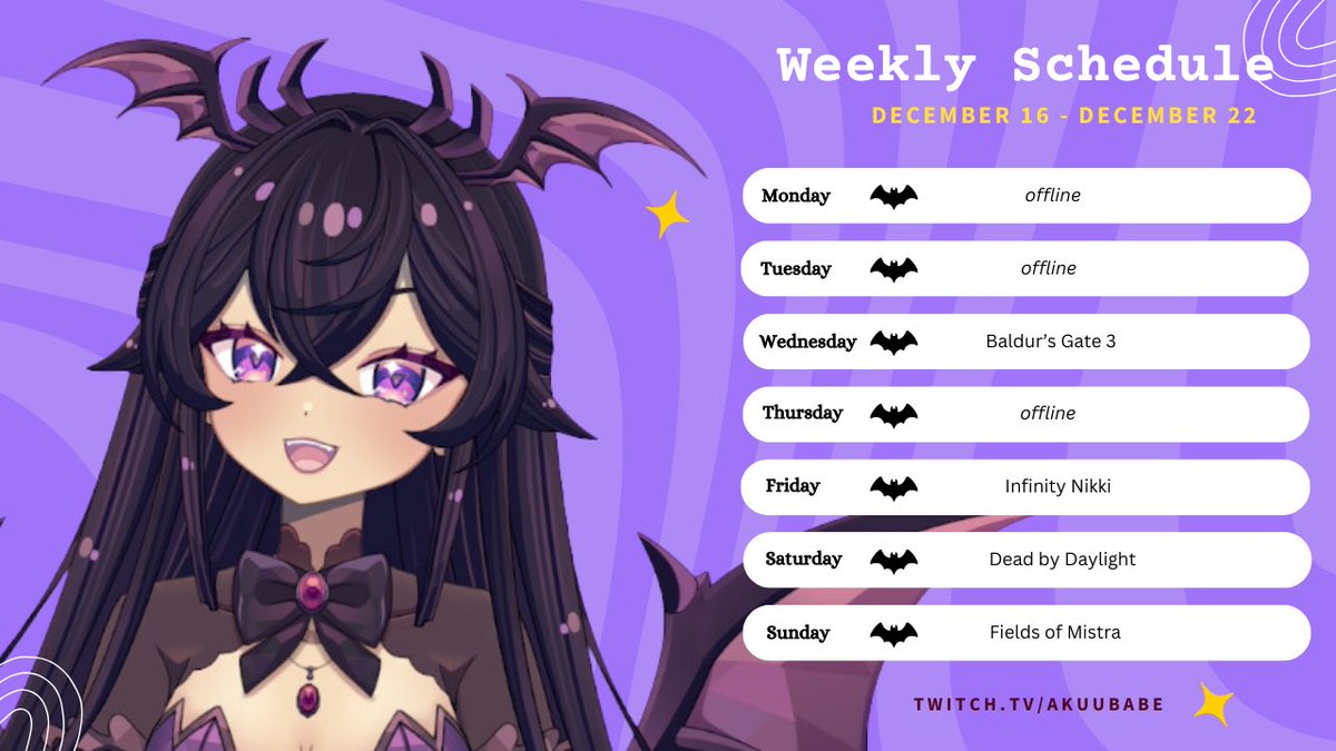 always forget to be more active on here ahhh 😅

schedule for da week 🦇💜