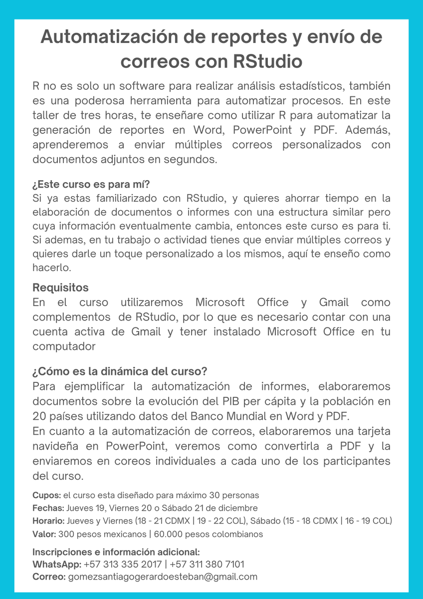 Taller de automatización de reportes y envió de correos con RStudio.

Voy a estar dando un taller para generar múltiples informes con la misma estructura pero con diferentes datos en Word, PowerPoint y PDF.
Después te enseño a enviarlos por correo en segundos usando RStudio.

🤓