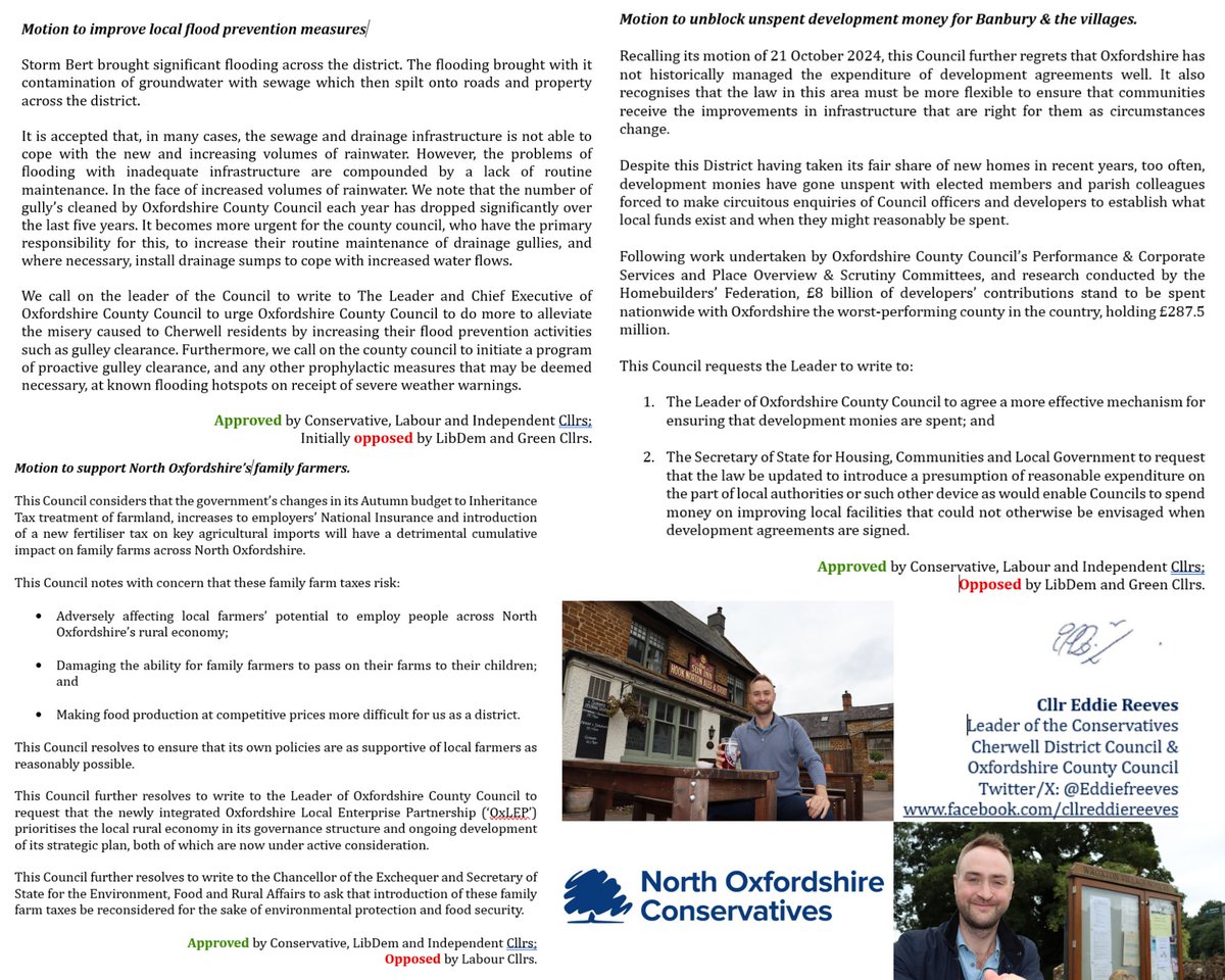 Eddiefreeves's tweet photo. 3 more @NorthOxonCons motions backed @Cherwellcouncil last night:

1. Improve local flood prevention;
2. Unblock developers' money; &amp;
3. Support our #FamilyFarms. https://t.co/rGfKdMvFBQ