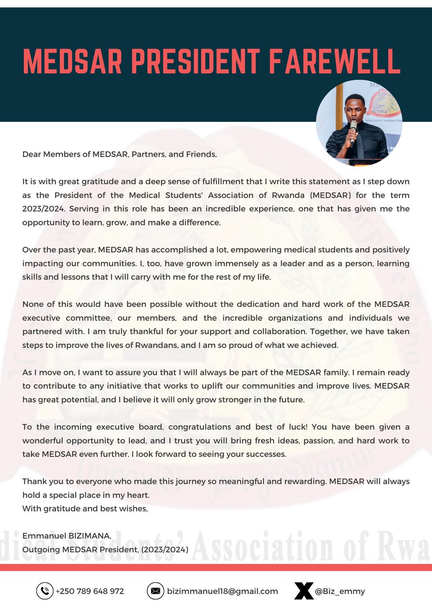 Emmanuel BIZIMANA (@biz_emmy) on Twitter photo Dear members of MEDSAR, partners and friends;
It was a great honour to serve and learn.
I remain committed to contributing to best of the association and enhancing the health of Rwandans.
Read my messageโคต๏ธ
<a href="/JosephRyarasa/">Joseph Ryarasa Nkurunziza</a> <a href="/BrianChirombo/">Dr Brian Chirombo</a> <a href="/DrAdelakin/">Dr. O. Adelakin</a> <a href="/Knooliet/">Kabanyana Nooliet (Nounou)</a> <a href="/harerimana_tito/">Tito Hare</a> Dear members of MEDSAR, partners and friends;
It was a great honour to serve and learn.
I remain committed to contributing to best of the association and enhancing the health of Rwandans.
Read my messageโคต๏ธ
<a href="/JosephRyarasa/">Joseph Ryarasa Nkurunziza</a> <a href="/BrianChirombo/">Dr Brian Chirombo</a> <a href="/DrAdelakin/">Dr. O. Adelakin</a> <a href="/Knooliet/">Kabanyana Nooliet (Nounou)</a> <a href="/harerimana_tito/">Tito Hare</a>