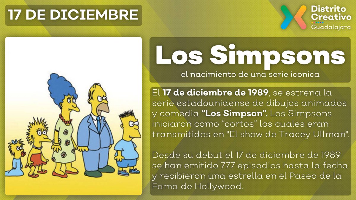 DistCreativo's tweet photo. 🎥 Hace 34 años, Matt Groening estreno una de las series animadas mas conocidas en el mundo: Los Simpsons. Una serie animada que revoluciono la industria. #Efemerides #Simpsons #animacion https://t.co/IOHZim83IH
