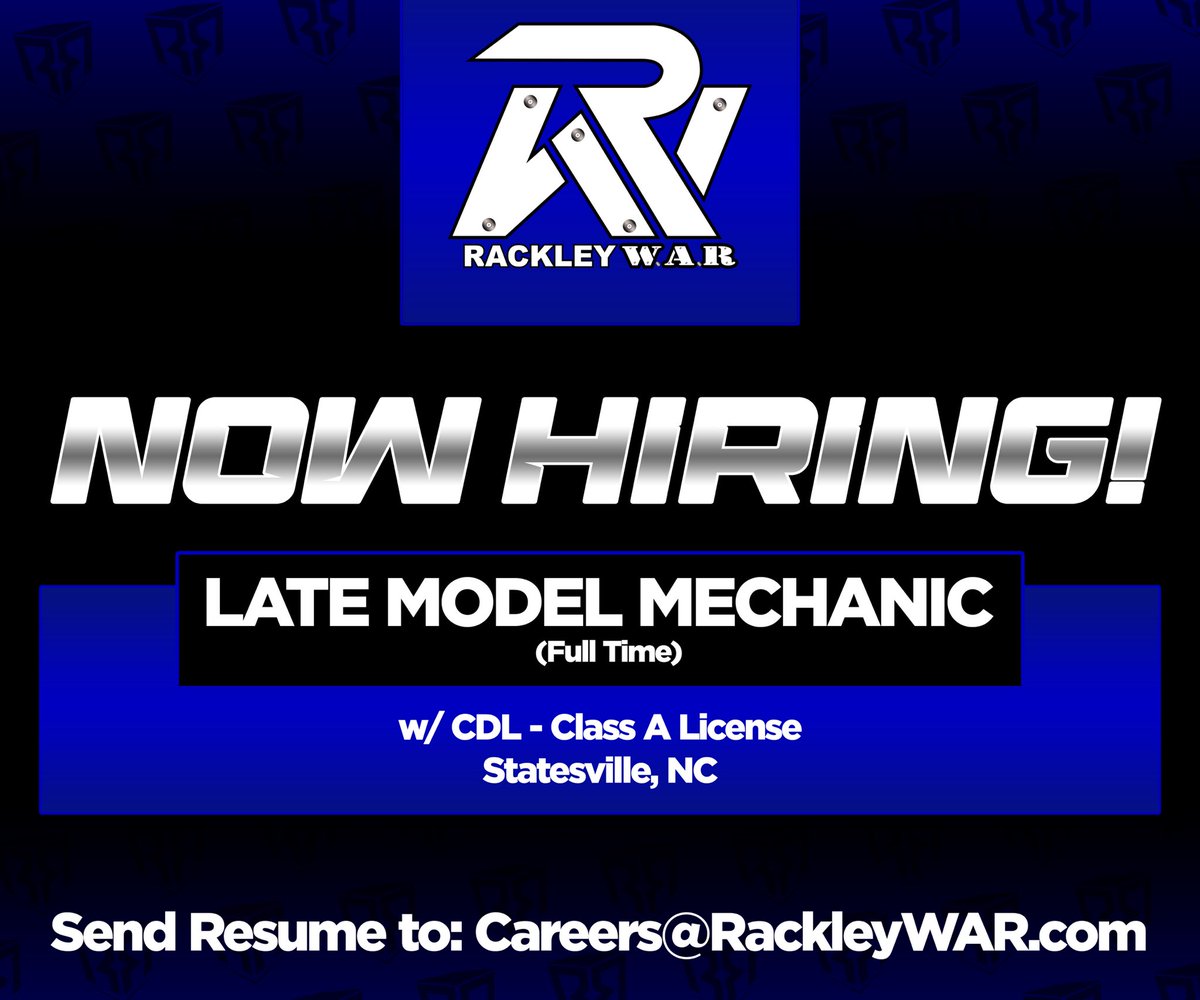 🗣️ NOW HIRING! 

We have a unique full-time opportunity available at our new Statesville, NC team headquarters. We are seeking a Late Model Mechanic that also possesses a CDL (Class A) Driver License. 

Details: 👉🏻 rackleywar.com/rackley-war-de…

All inquires to: Careers@RackleyWAR.com