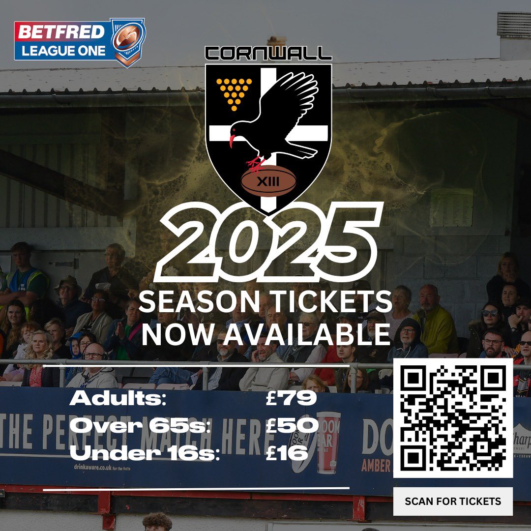 SEASON TICKETS NOW AVAILABLE! 😍🎟️

Get yours by scanning the QR code, visiting the site or clicking this link: cornwallrlfc.co.uk/tickets/

If you have any further questions please don’t hesitate to reach out!

#kernowkynsa #rugbyleague

⚫️🟡