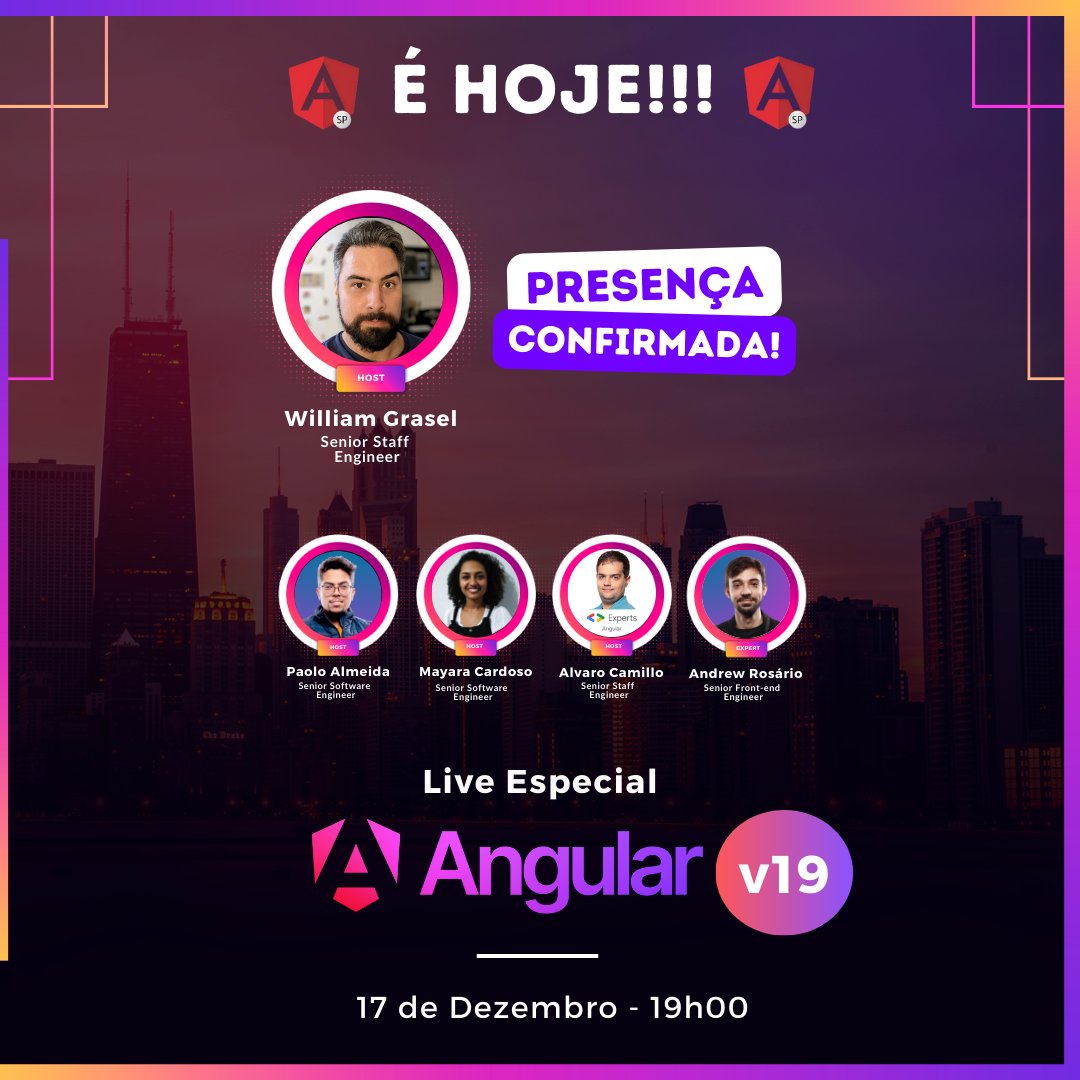 AngularSP's tweet image. É HOJEEEE (17/12)! 🚀
E essa será nossa banca para a roda de conversa sobre a nova versão do Angular! 🤩
Bora aprender juntos e saber das novidades desse framework?
Te aguardamos às 19h!
🔗 youtube.com/watch?v=LKkUfK…