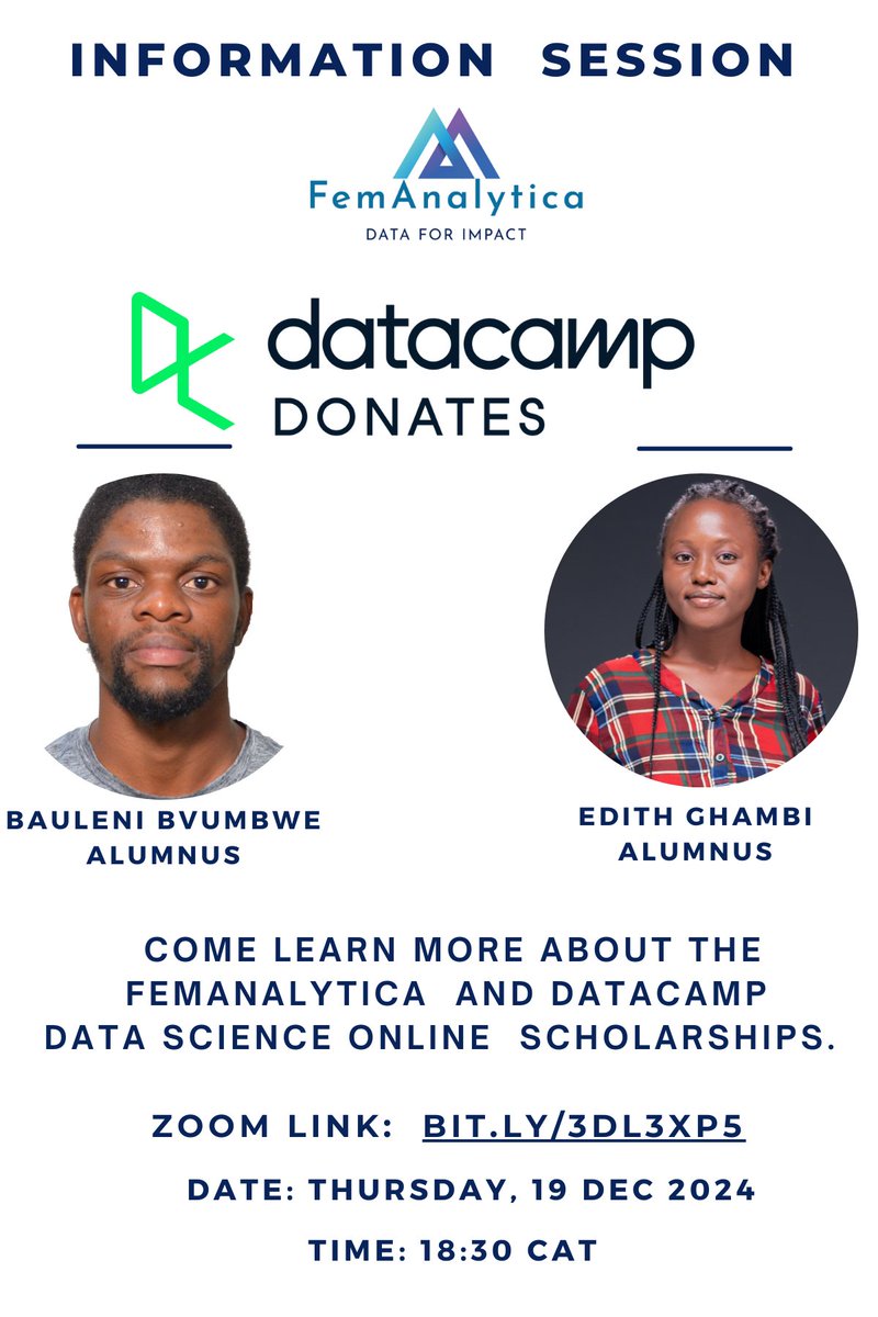 Applications for FemAnalytica x DataCamp Donates Scholarships are open! Join our Info session  on Thursday  to learn why you should apply and hear from our alumni &amp; take your first step into data science!

📅 Date: 19 Dec 2024
⏰ Time: 18:30 CAT
🔗 Zoom: bit.ly/3DL3XP5