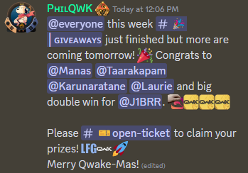 QWKstudio's tweet photo. 5 lucky winners in the last Discord giveaways at QWK HUB! π Join us for more chances to win as we carry on with Qwake-Mas with more giveaways tomorrow! π
Hop into the fun: https://t.co/l5sdzKhJwl #QwakeMas #Giveaways #JoinTheHub https://t.co/maj4lBC9Aa