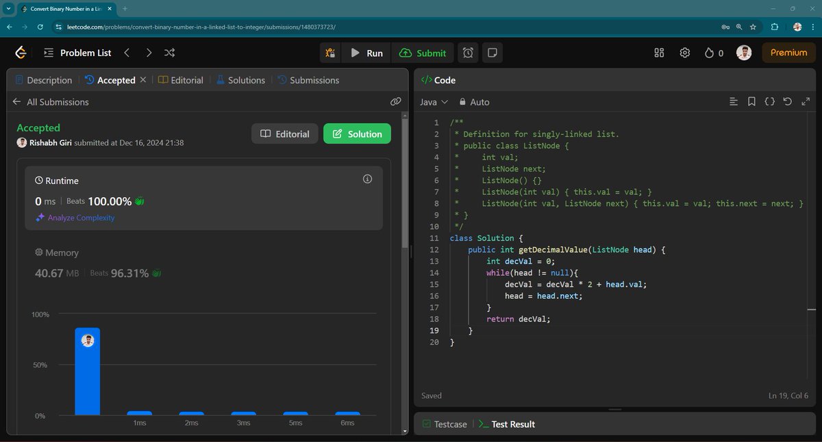 rishabhgiri024's tweet image. Today Solved ✅ LeetCode problem 1290 Convert Binary Number in a Linked List to Integer #100DaysOfCode #dsa #Java