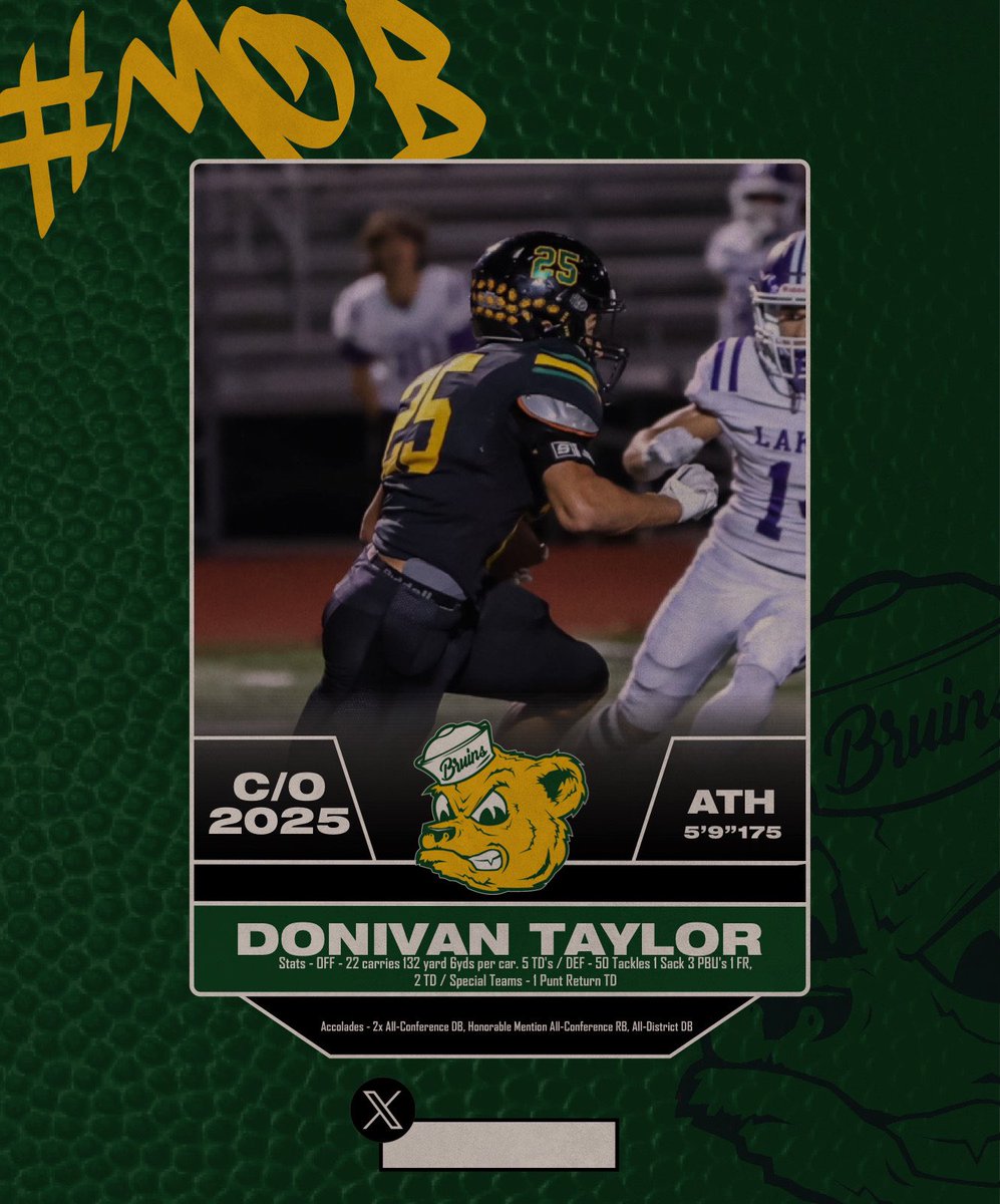 .<a href="/RBBruinsFB/">RB Bruins Football</a> ‘25 ATH <a href="/DonivanTaylor25/">Donivan Taylor</a> had a helluva a season! Made an impact on ALL three phases of the ball! … oh and he’s a 32 ACT kid 🤯🤯

hudl.com/video/3/159411…

M.O.B.