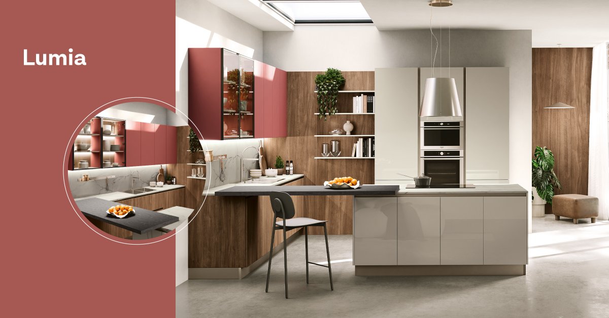 ✨ La nuova Lumia combina materiali e colori per trasformare l’ambiente: pensili in Nobilitato Matt Chic colore Siena opaco, colonne e basi in Laccato lucido Cotton per luminosità, e basi in Termostrutturato Noce Svezia per una texture naturale: stosacucine.com/it/cucine-mode…