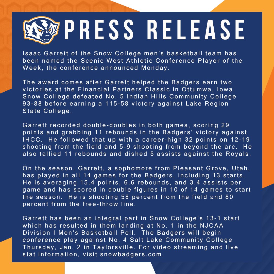 Congrats to <a href="/Isaackgarrett/">Isaac Garrett</a> for winning <a href="/ScenicWestConf/">scenicwestsports</a> Player of the Week after averaging 30.5 points and 11 rebounds for the No. 1 Badgers last weekend.

snowbadgers.com/news/2024/12/1…