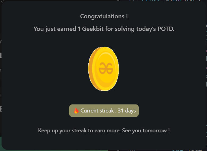 Goutam Mukherjee (@n0ob_coder) on Twitter photo #Day31 of <a href="/geeksforgeeks/">GeeksforGeeks</a> 160 days Challenge:🚀🔥
Solved - Problem 33 #POTD: Aggressive Cows ✅
#geekstreak2024 #gfg160 #gfg #potd #geeksforgeeks #LearnInPublic #Day31 of <a href="/geeksforgeeks/">GeeksforGeeks</a> 160 days Challenge:🚀🔥
Solved - Problem 33 #POTD: Aggressive Cows ✅
#geekstreak2024 #gfg160 #gfg #potd #geeksforgeeks #LearnInPublic