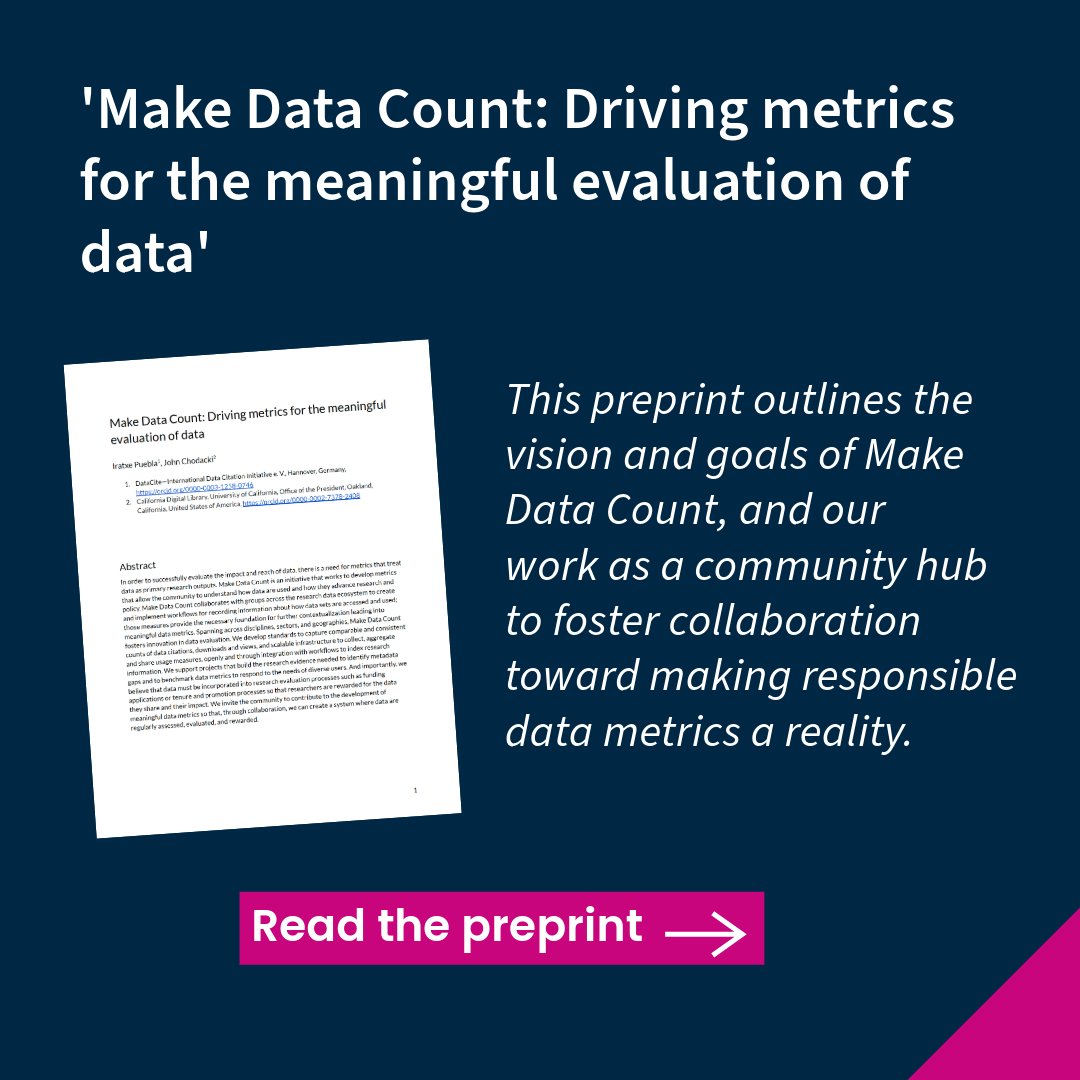 Read the preprint ‘Make Data Count: Driving metrics for the meaningful evaluation of data’ by Iratxe Puebla and John Chodacki - an essential read for those wanting to know more about Make Data Count and how you can get involved. #OpenInfrastructure  zenodo.org/records/142612…