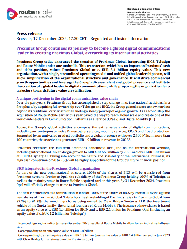 vluxeinvests's tweet image. #Route: Proximus Group Integrates Route Mobile, BICS &amp;amp; Telesign into Proximus Global 🌐

🔹Equity Value: €3.1 billion.

🔹New entity to streamline global leadership &amp;amp; operations.

🔹Focus: Drive profitable growth in #CPaaS, digital identity &amp;amp; mobility services.

🔹Unified