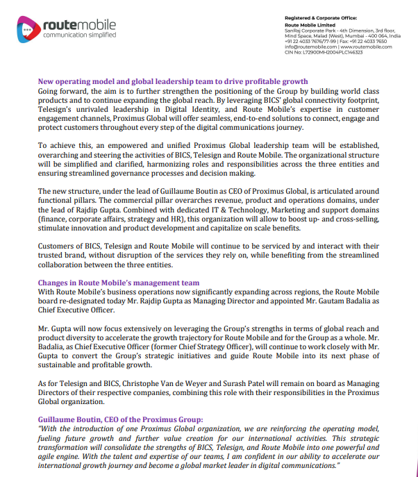 vluxeinvests's tweet image. #Route: Proximus Group Integrates Route Mobile, BICS &amp;amp; Telesign into Proximus Global 🌐

🔹Equity Value: €3.1 billion.

🔹New entity to streamline global leadership &amp;amp; operations.

🔹Focus: Drive profitable growth in #CPaaS, digital identity &amp;amp; mobility services.

🔹Unified