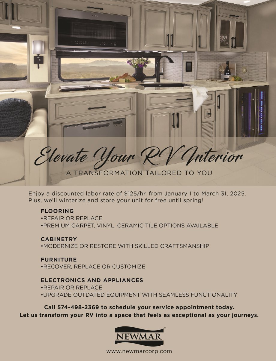 Upgrade Your RV This Winter

Take advantage of our special discounted labor rate of $125/hr from January 1 to March 31, 2025!

Plus, we’ll winterize and store your unit for free until spring, so you can refresh your interior worry-free.