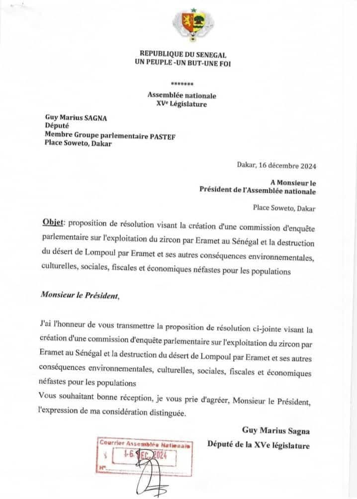lettre de Guy Marius Sagna, adressée au Président de l'Assemblée. La lettre propose la création d'une commission d'enquête parlementaire pour examiner l'exploitation du zircon de Eramet au Sénégal, en mettant l'accent sur la destruction environnementale du désert de Lompoul
