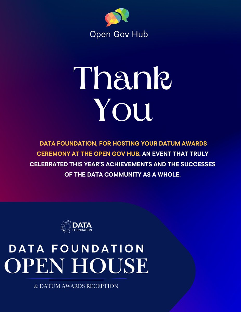 Thank you, Data Foundation, for hosting your Datum Awards Ceremony at the Open Gov Hub, an event that truly celebrated this year’s achievements and the successes of the data community as a whole