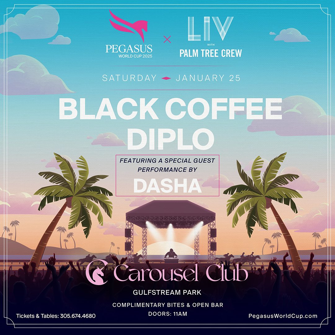 Pegasus World Cup (@pegasusworldcup) on Twitter photo Grammy Award-winning artists <a href="/RealBlackCoffee/">Black Coffee</a> & <a href="/diplo/">diplo</a>, along with a special performance by <a href="/dasha__music/">Dasha</a>, are headlining the #PegasusWorldCup on Saturday, January 25!
Secure your spot at the <a href="/LIVmiami/">LIV</a> & <a href="/palmtreecrew/">Palm Tree Crew</a> takeover of <a href="/CarouselClb/">Carousel Club</a> for special performances, open bar Grammy Award-winning artists <a href="/RealBlackCoffee/">Black Coffee</a> & <a href="/diplo/">diplo</a>, along with a special performance by <a href="/dasha__music/">Dasha</a>, are headlining the #PegasusWorldCup on Saturday, January 25!
Secure your spot at the <a href="/LIVmiami/">LIV</a> & <a href="/palmtreecrew/">Palm Tree Crew</a> takeover of <a href="/CarouselClb/">Carousel Club</a> for special performances, open bar