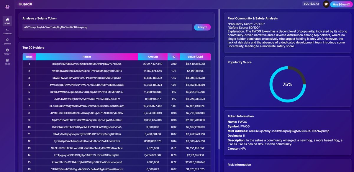 GuardxAI's tweet photo. Guard AI provides real-time insights into Solana tokens, simplifying blockchain data for traders and investors.  

We analyze token distribution, market trends, risks and popularity to support informed decisions.  

Our goal is to be the research hub for the Solana ecosystem.🧠 https://t.co/mRld0buhpv