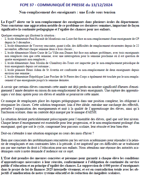 fcpe37's tweet photo. FCPE 37 - Communiqué de presse  : " Non -remplacement des enseignants : une Ecole sous tension" https://t.co/RSizL6boUy