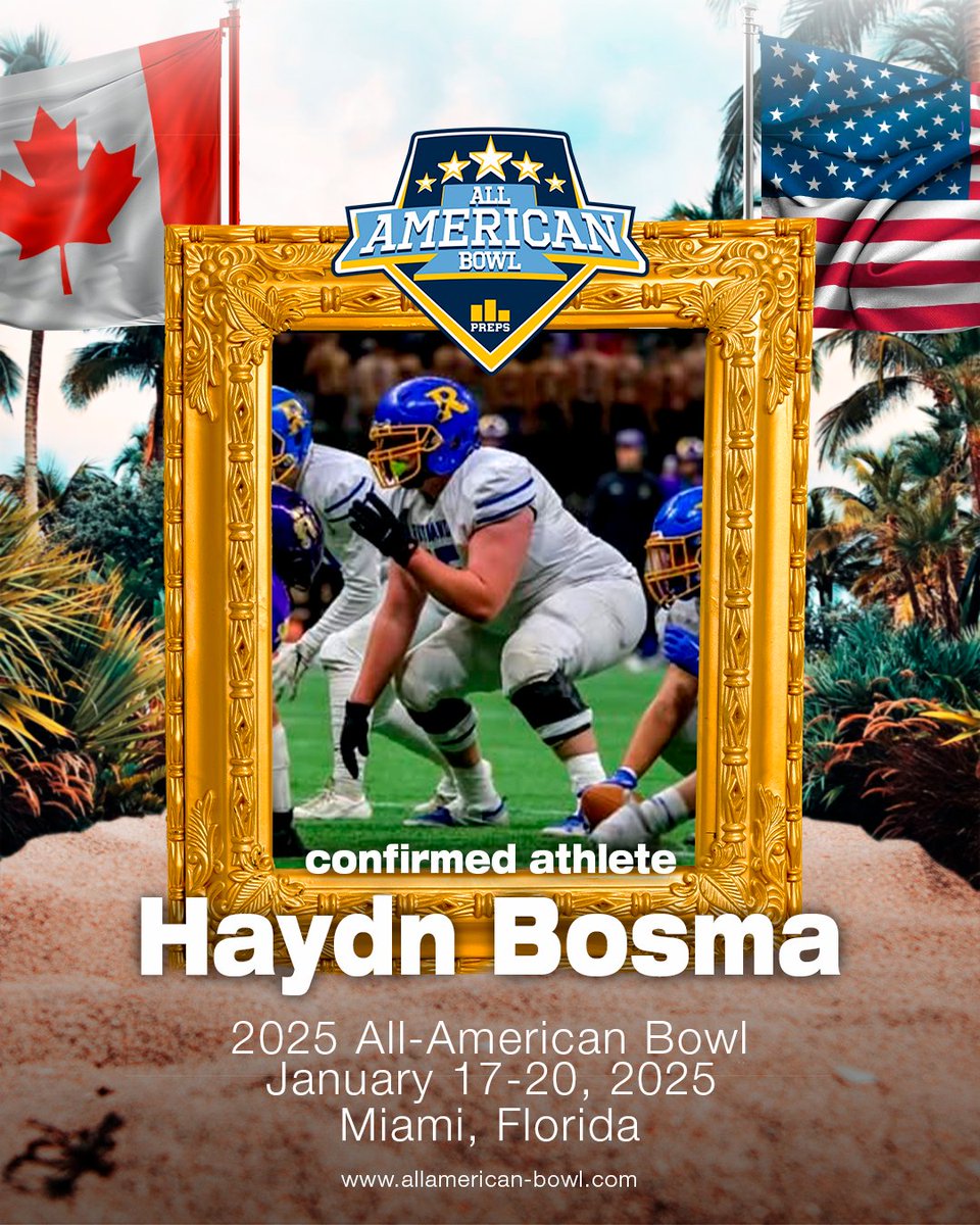 🚨 𝗖𝗢𝗡𝗙𝗜𝗥𝗠𝗘𝗗 🚨

<a href="/HaydnBosma/">Haydn bosma</a> from Canada🇨🇦 has accepted his invite to <a href="/PodyumPreps/">Podyum Preps</a> All-American Bowl! See you in Miami! 

allamerican-bowl.com

#EarnYourLevel #PPAllAmerican #Miami #PodyumPreps #HSFootball #GetRecruited