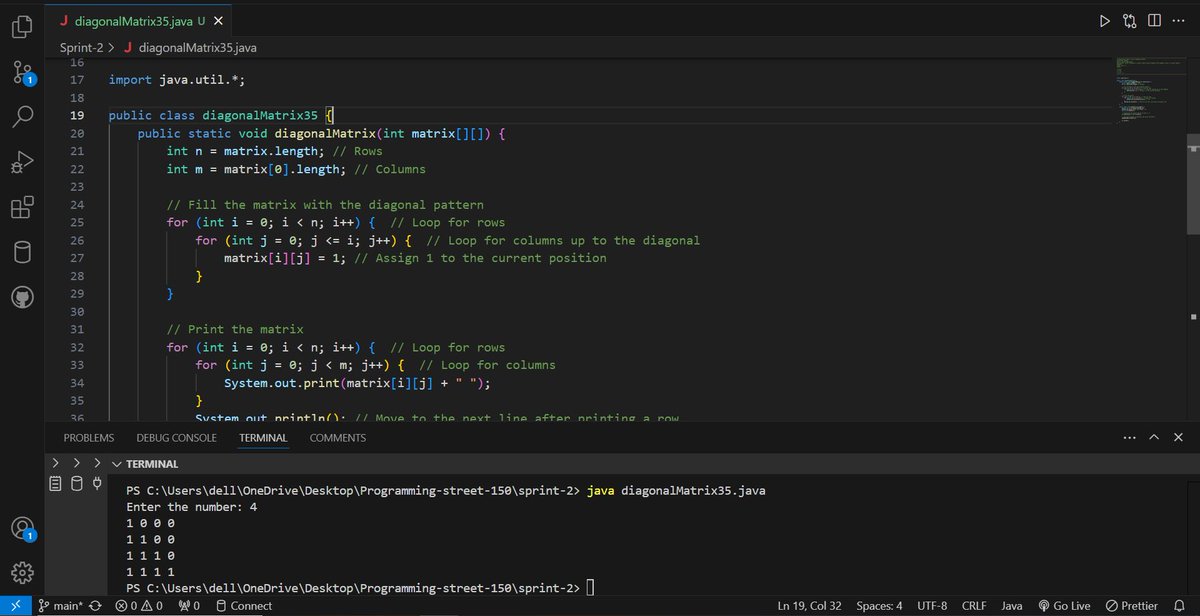 Priya_Chauhan05's tweet image. ✨This is day 60/100day #javaDSA🚀
Solved one problem from #Leetcode
✔Max Consecutive Ones(Easy)
✨ Done with one problem from #programming-street-150
Problem-1:Generating a Matrix with a Diagonal Pattern(Medium)
#ProblemSolving #DSA #Java #Leetcode #Consistency