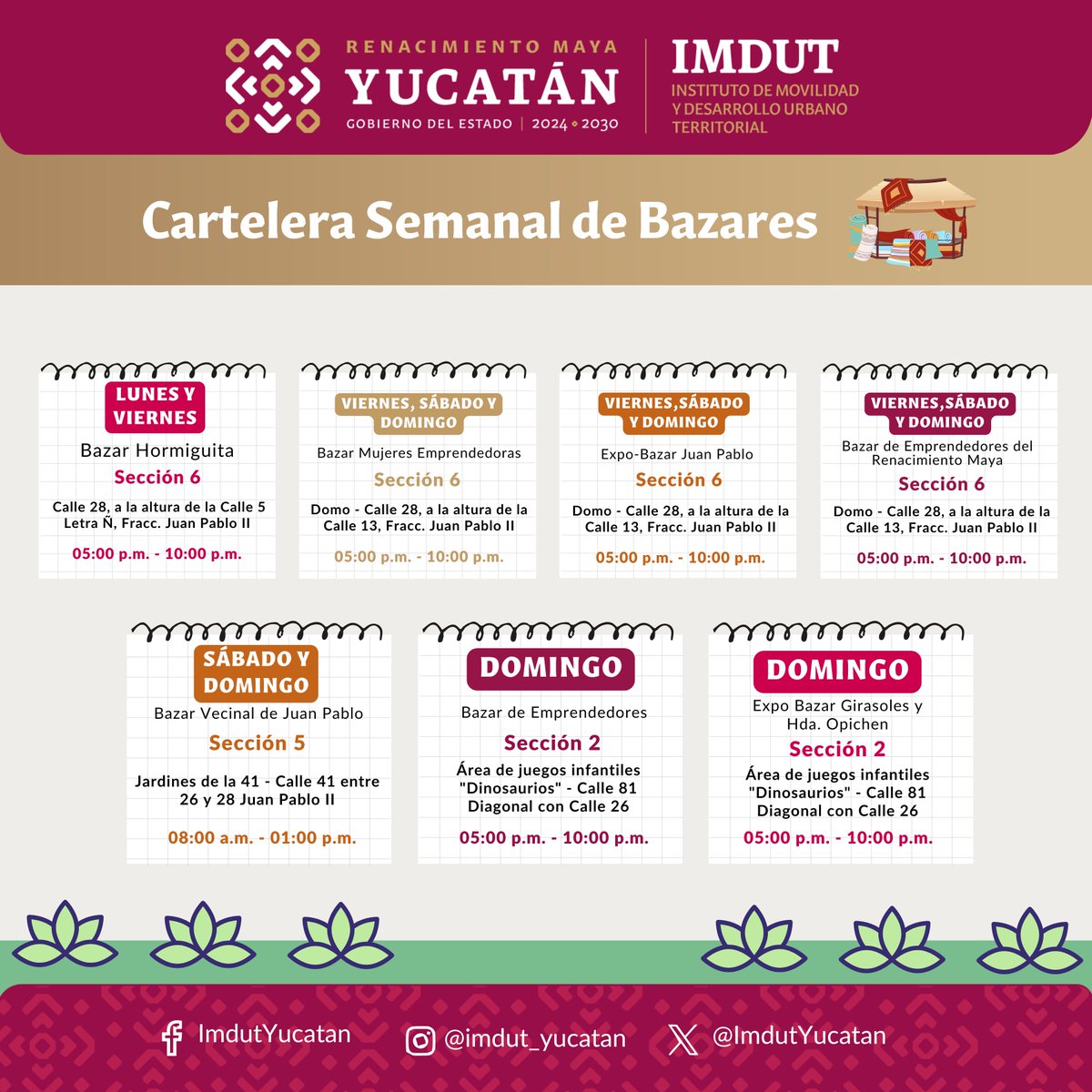 ImdutYucatan's tweet photo. ¡Todas y todos invitados! Disfruta de las actividades que hay para ti, aquí encontrarás la cartelera semanal de bazares que se realizan en el Parque Lineal @los_paseos, apoyemos a los emprendedores locales.

#IMDUT #RenacimientoMaya https://t.co/EVdNWZ89Ij