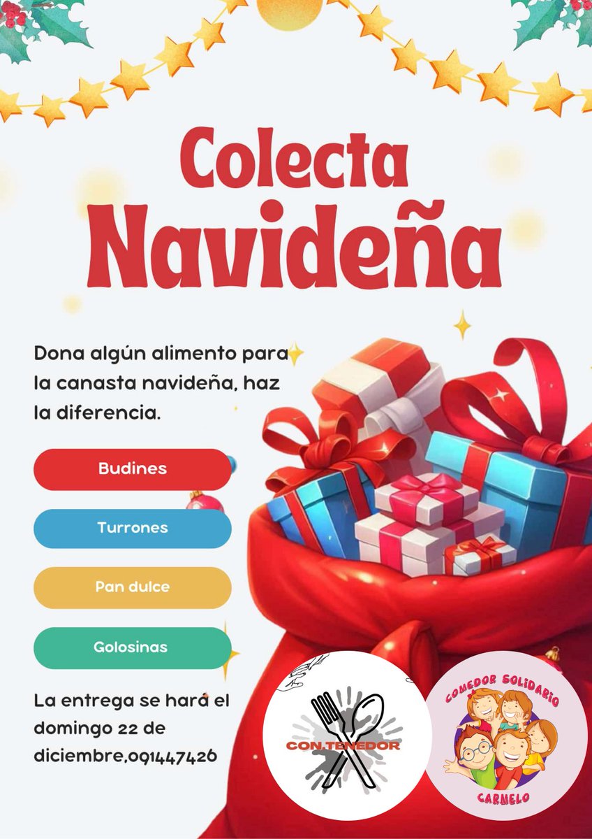 Comedor_Carmelo's tweet photo. Se viene el 8° Festival Navideño en Plaza Independencia, Carmelo. Pedimos colaboración para poder entregar las canastas navideñas a todos los que vienen a nuestro querido comedor. Contactate con nosotros!! #Carmelo #Colonia #Uruguay #Ayuda #Navidad #Canastas https://t.co/IawbOwJ6f6