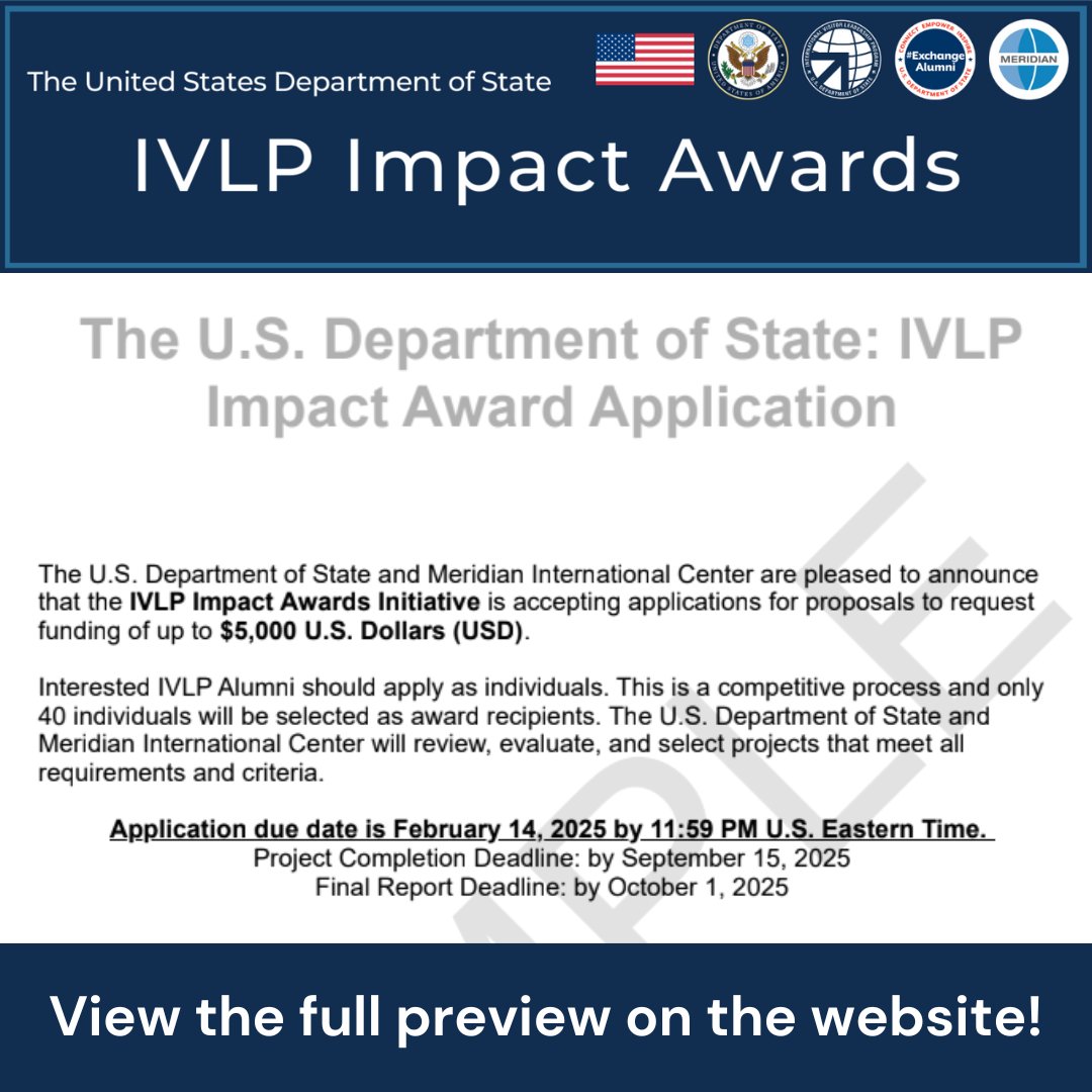 SNEAK PREVIEW! Check out a preview of the 2025 IVLP Impact Awards application at meridian.org/announcement/i…

This application will be open from January 6, 2025 to February 14, 2025 - recent #IVLP #ExchangeAlumni are eligible to apply.
