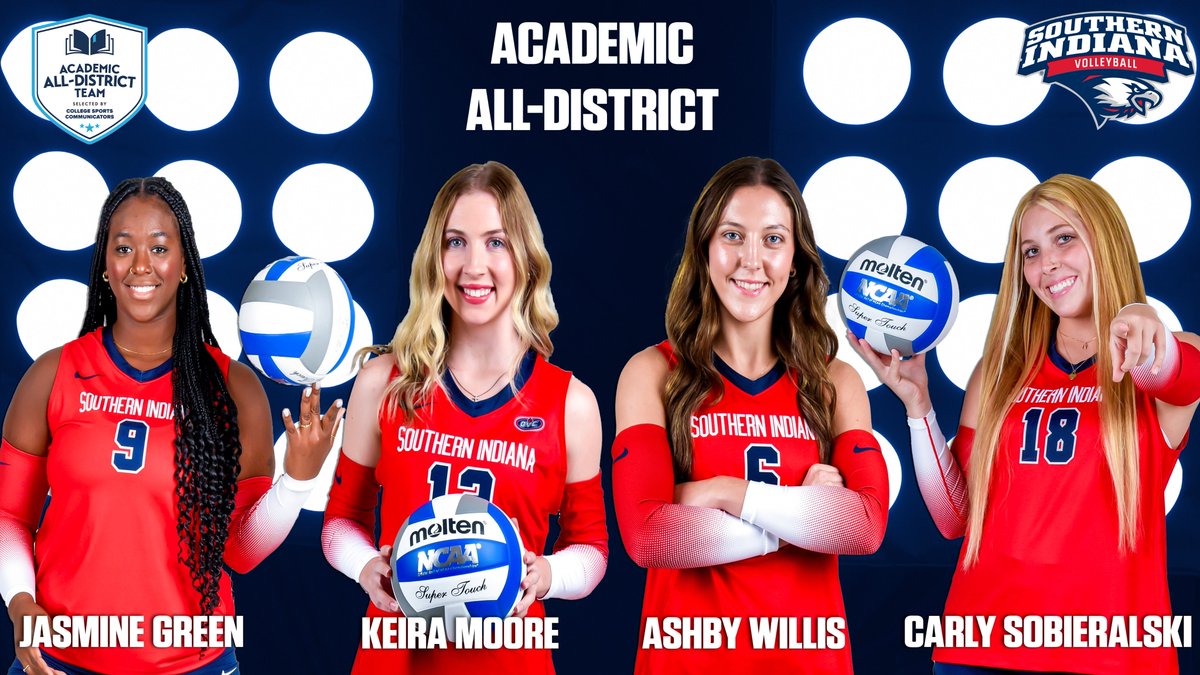 𝓐𝓒𝓐𝓓𝓔𝓜𝓘𝓒 𝓐𝓛𝓛-𝓓𝓘𝓢𝓣𝓡𝓘𝓒𝓣 📚 🏐

Congratulations to <a href="/usiwvolleyball/">USI Volleyball</a>'s Jasmine Green, Keira Moore, Ashby Willis, and Carly Sobieralski for earning College Sports Communicators Academic All-District for their hard work on the court and in the classroom!

🔗: