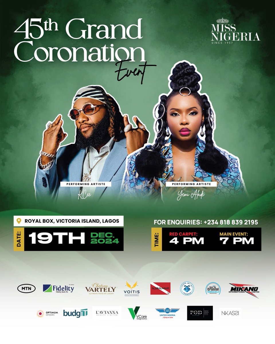 A time is about to be had! #45thMissNigeria 

<a href="/MissNigeriaNG/">MISS NIGERIA ORGANISATION</a> <a href="/yemialadee/">✊🏾 yemialade</a> <a href="/iam_kcee/">BAD MAN KCEE ❤️🕊️</a>