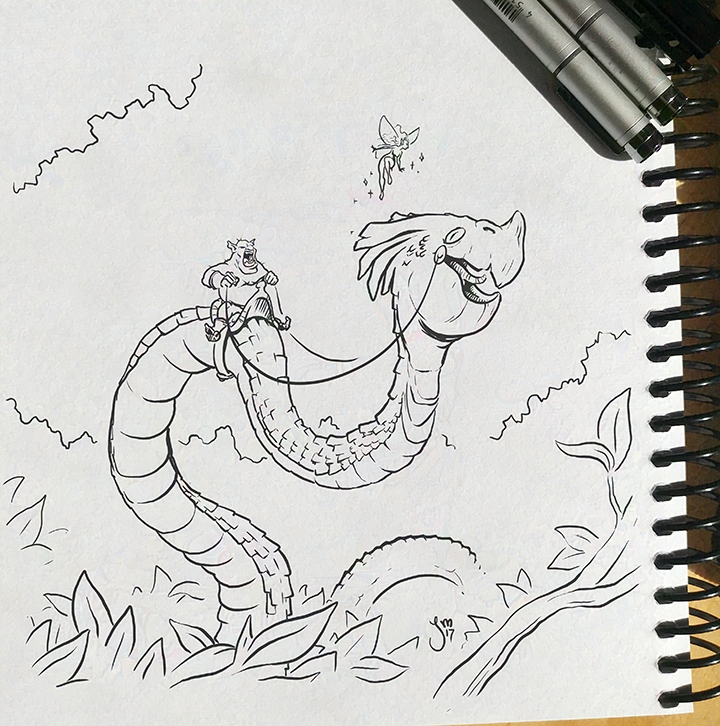 TheJasonMartian's tweet image. Hunting for a trending topic for a daily warmup sketch and found nothing. 
...but here's a tasty treat.
#KidLitArt #serpent #fairy eater