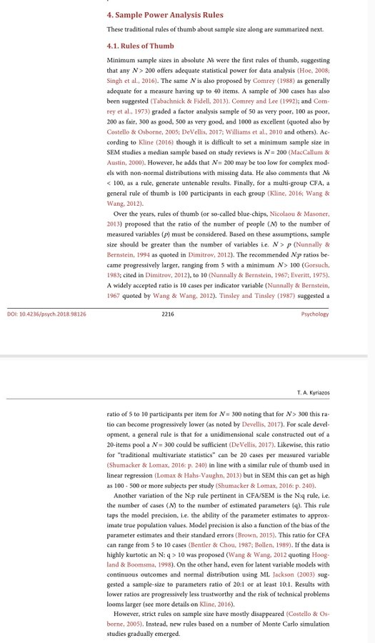 📈تتطلب تحليلات نماذج المعادلة البنائية (SEM) حجم عينة كبير نسبياً، ما معنى كبير نسبياً؟ 
مرجع يلخص حجم العينة المطلوب مع توثيق لكل مرجع، والنتائج نتيجة تجارب الباحثين الخاصة.

شاركه عندك 🔻🔄

#التحليل_الإحصائي
#الماجستير #الدكتوراه