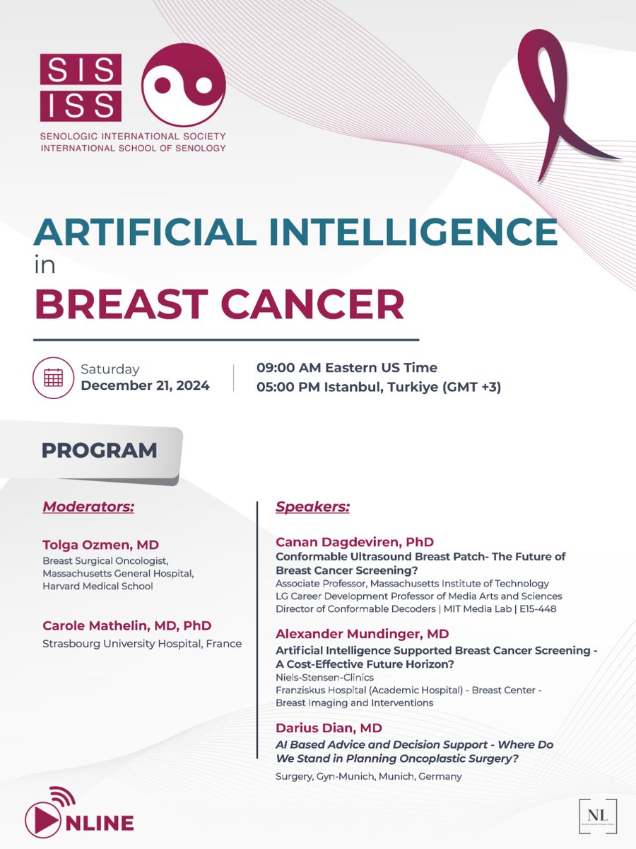 MGH Breast Oncology (@mghbreastonc) on Twitter photo ποΈ Sat, Dec 21 9AM ET | sisbreastlive.com
Join <a href="/drtolgaozmen/">Tolga OZMEN, MD</a> <a href="/MGHSurgery/">Mass General Surgery</a>, Dr. Carole Mathelin, <a href="/dagdevirencanan/">Canan Dagdeviren</a>, Dr. Alexander Mundinger, and Dr. Darius Dian for this webinar on AI in #breastcancer!
π Key topics: screening, oncoplastic surgery
π No registration required ποΈ Sat, Dec 21 9AM ET | sisbreastlive.com
Join <a href="/drtolgaozmen/">Tolga OZMEN, MD</a> <a href="/MGHSurgery/">Mass General Surgery</a>, Dr. Carole Mathelin, <a href="/dagdevirencanan/">Canan Dagdeviren</a>, Dr. Alexander Mundinger, and Dr. Darius Dian for this webinar on AI in #breastcancer!
π Key topics: screening, oncoplastic surgery
π No registration required