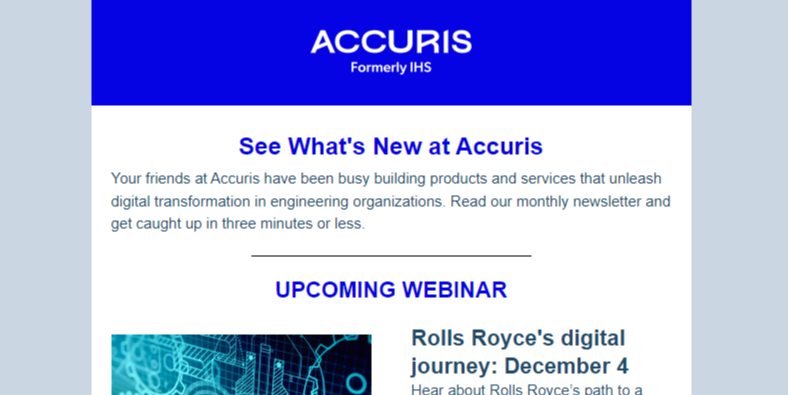 AccurisCo's tweet photo. Our latest newsletter featured exclusive updates on industry-leading insights from @forrester, webinars, new standards releases, and more on the tools driving #digitaltransformation for #engineering organizations. Subscribe and stay informed in 2025: https://t.co/COk5pJPtDW https://t.co/g1KHH7nz93