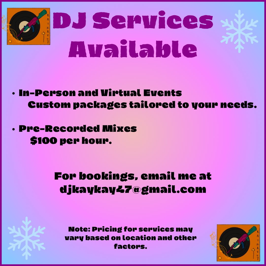 DJKaykay47's tweet image. Feeling those winter blues? Let me warm you up with the perfect songs! 🔥❄️ Book my DJ services and let’s turn up the heat at your next event. Email me to reserve your date! 

#WinterVibes #DJServices #BeatTheBlues  #musicislife #dj #createyourlife #EventEntertainment #DJBookings