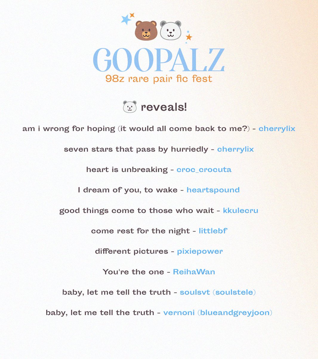 ✨🐻 round 1: author reveals 🐻‍❄️✨

thank you to our lovely authors for being part of goopalz rarepair fest!  

access the collection here:  archiveofourown.org/collections/98…