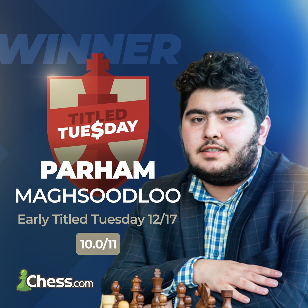 Congratulations to Parham Maghsoodloo on winning the early #TitledTuesday with 10/11, after winning every single game except one loss to Benjamin Bok!