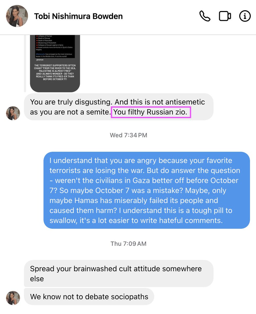 mashakleiner's tweet photo. Dear @FortisBC ,
This is your employee, Tobi Nishimura Bowden, Transmission Permitting Representative.

I don't know her and never interacted with her before, and yet she came to harass me on social media. FYI, the word "zio" was introduced by David Duke, ex-KKK leader, as a derogatory slur for people believing that Jews have a right to self determination. 

In my opinion, Tobi Nishimura Bowden's inappropriate behavior and open support for terrorism discredits your company. 
I tried to reach out to your HR department directly, but did not get a response. I'm looking forward to your reaction to the matter.