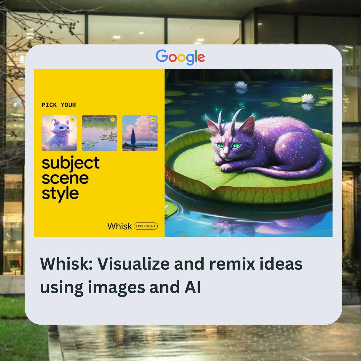 Tale2ox's tweet photo. Google latest AI tool Whisk turns images into prompts.

The #Google  Labs experiment allows you to upload one or more images and optionally add text prompts to generate a new image.
#AI https://t.co/UrHK7RasxP