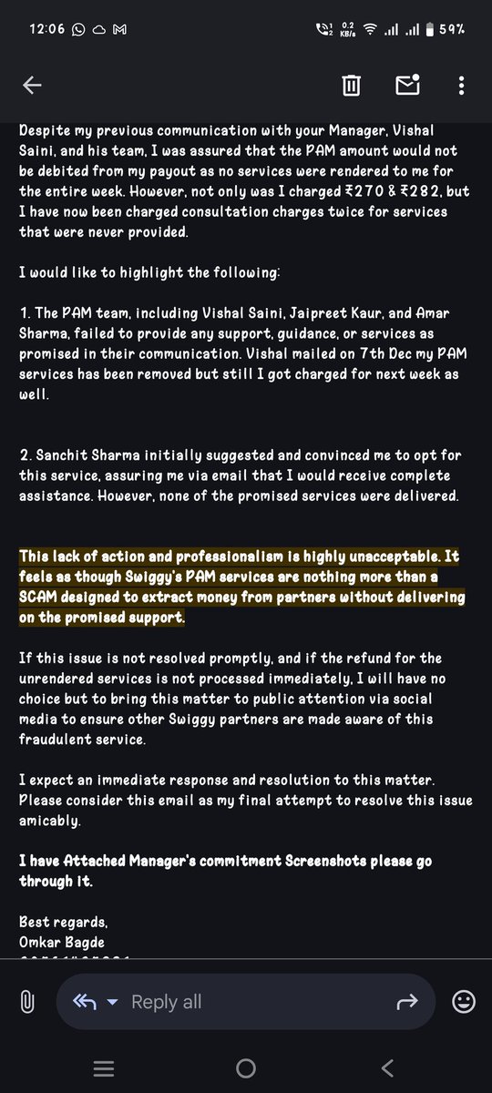 OmiBagde's tweet photo. @WeAreSwiggy @SwiggyCares @harshamjty Swiggy’s Partner PAM service feels like a scam! I was charged for PAM Services twice for services that were never provided. Despite multiple emails to Vishal Saini &amp; his team no support or refund given. https://t.co/aiu16OANr8