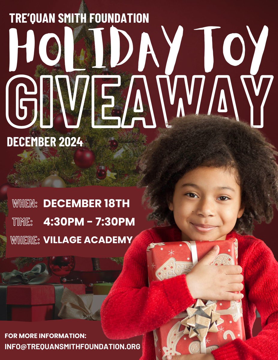 TOMORROW!🎁 We are back again for our 4th annual TOY GIVEAWAY at Village Academy from 4:30PM to 7:30PM. Early arrival suggested for the kids to get their pick of the biggest and best toys! 🎁 🧸 We can’t wait to see you tomorrow! ❤️

#trequansmith #trequansmithfoundation #toys