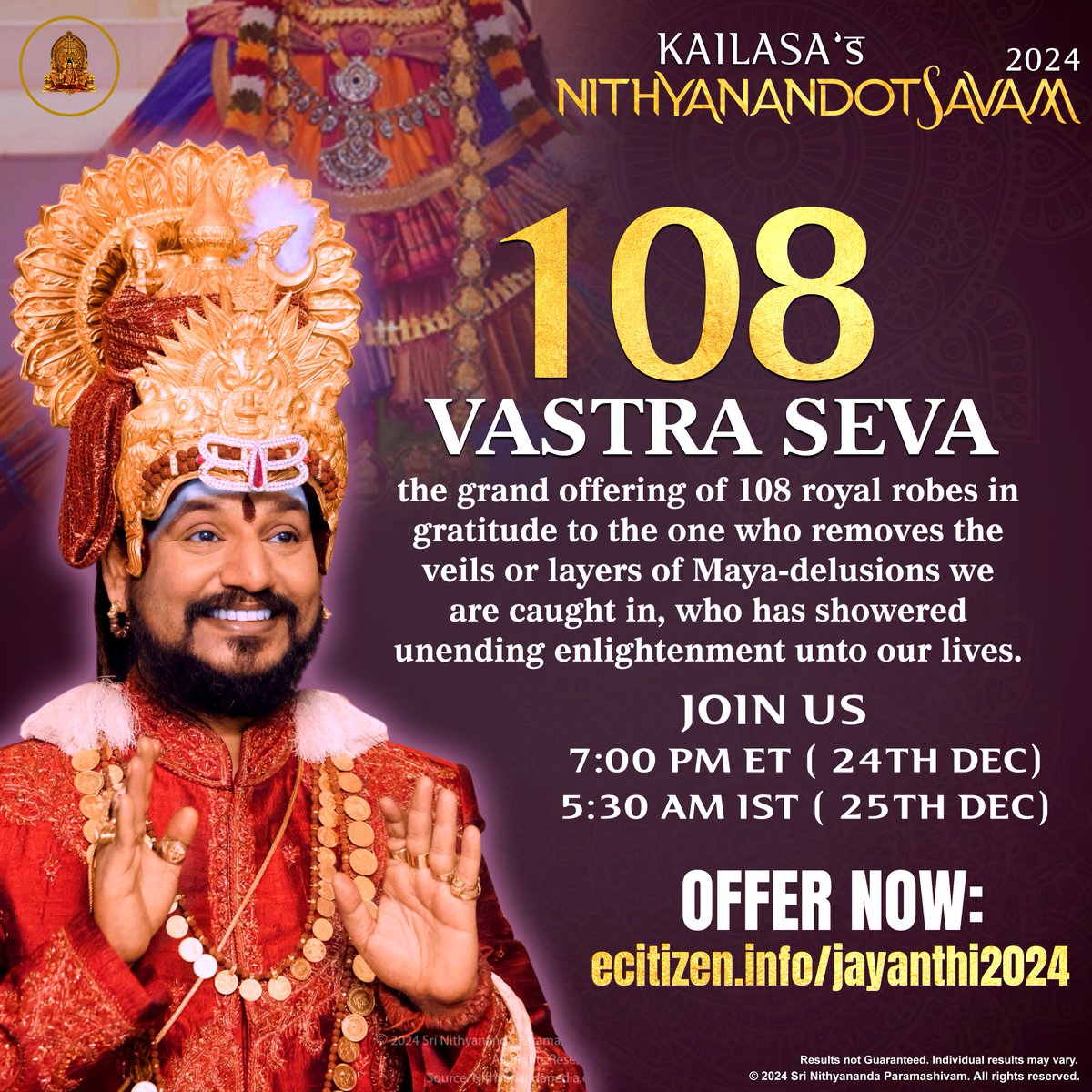 SriNithyananda's tweet photo. Celebrating the 108 Vastra Seva The sacred ritual of offering 108 vastrams (garments) symbolizes the surrender of the veil of Maya (illusion) that covers our true nature - Paramashivatva.

By offering this Seva, we express gratitude to THE SPH BHAGAVAN SRI NITHYANANDA PARAMASHIVAM, the remover of Maya, who bestows true enlightenment and reveals to us our true Self.

Join us in this powerful ritual on THE SPH's Jayanti day and experience: 
- Ultimate surrender of ego-based identifications;
- Recognition of freedom from our illusory nature;
- Rejoicing the enlightenment showered upon us by THE SPH's grace 

Offer your gratitude at the lotus feet of the Avatar, THE SPH BHAGAVAN SRI NITHYANANDA PARAMASHIVAM in this sacred ritual.

    #108VastraSeva #TheSPH #Paramashiva #Maya #SpiritualGrowth #Enlightenment