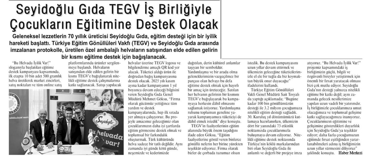 📢 Bu Helvada İyilik Var!
Seyidoğlu Gıda TEGV iş birliğiyle çocukların eğitimine destek olacak. TEGV ile imzalanan protokolle üretilen özel ambalajlı helvaların satışından elde edilen gelirin bir kısmı nitelikli eğitime destek için TEGV’e bağışlanacak. #seyidoğluhelva <a href="/tegv/">Türkiye Eğitim Gönüllüleri Vakfı - TEGV</a>